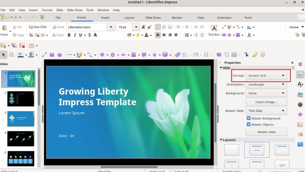 Change slide size from the quick access properties bar