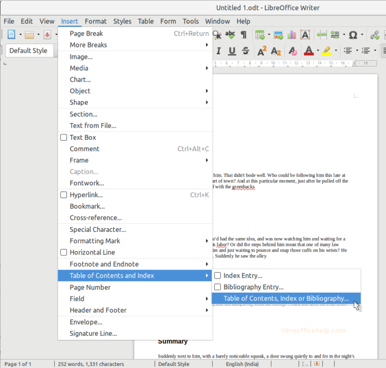 How to Add Table of Contents in LibreOffice Writer