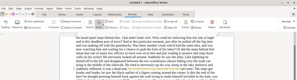 Track change options in tabbed toolbar