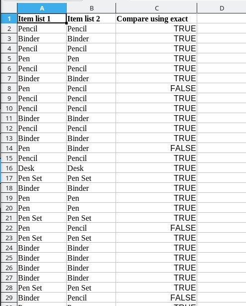 Result after comparing two columns using EXACT function in Calc