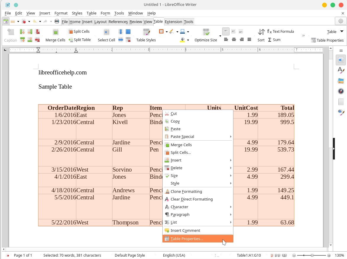 Horizontally Vertically Center Text In LibreOffice Writer Table