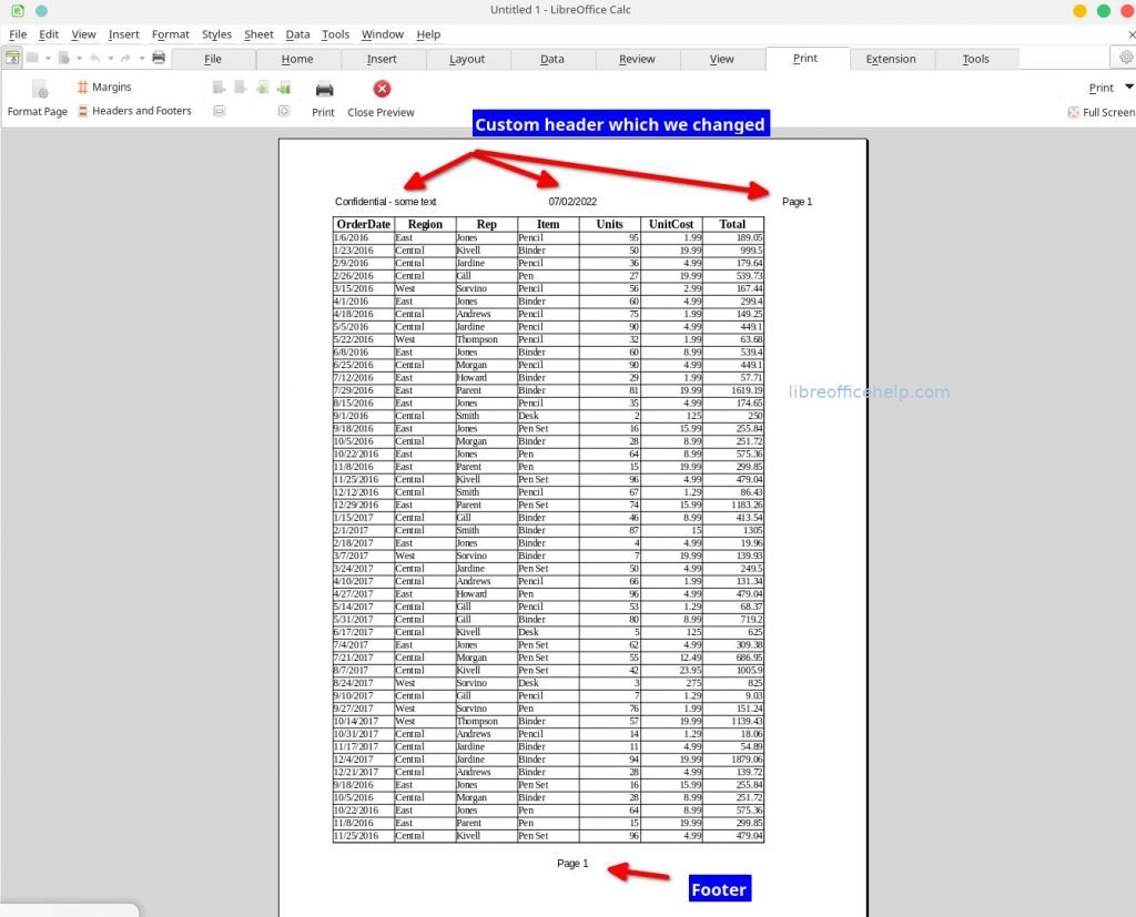Changing Header and Footer in LibreOffice Calc sheet