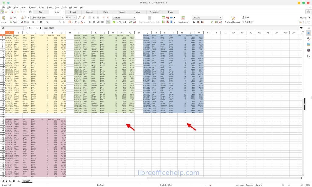 Sample data with default print ranges in LibreOffice Calc sheet