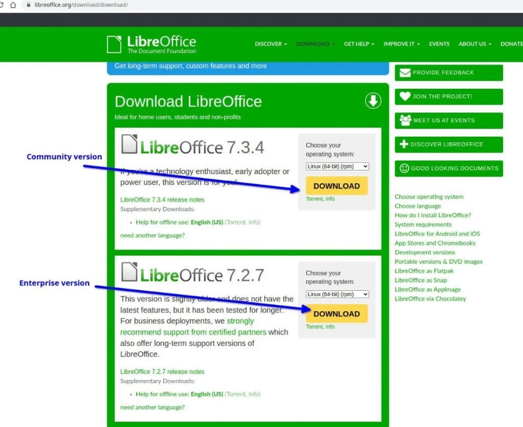 Sample image showing LibreOffice download options