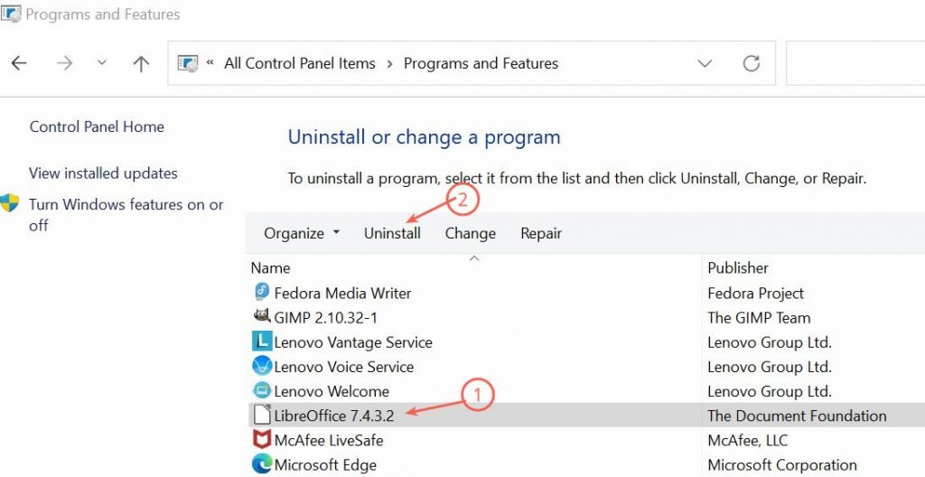 Uninstall LibreOffice in Windows