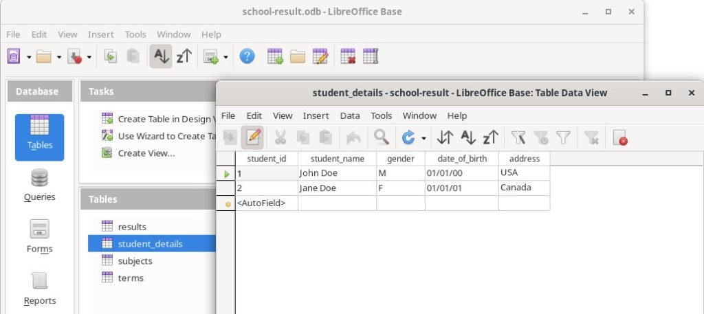 Student details table showing added records